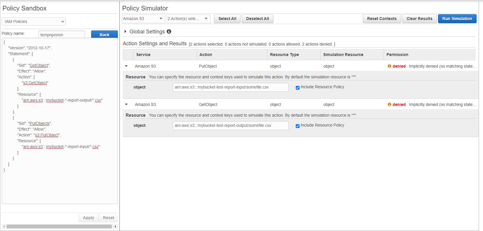 當我在 AWS Policy Simulator 中明確允許 S3 IAM 用戶操作時“隱式拒絕”