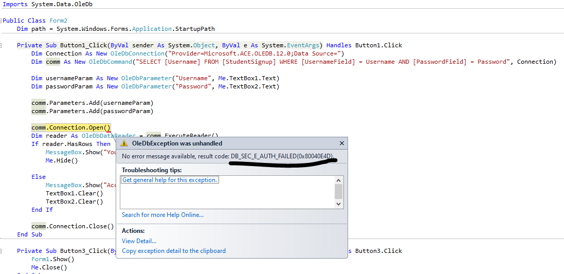 沒有可用的錯誤訊息，結果代碼：DB_SEC_E_AUTH_FAILED(0x80040E4D)