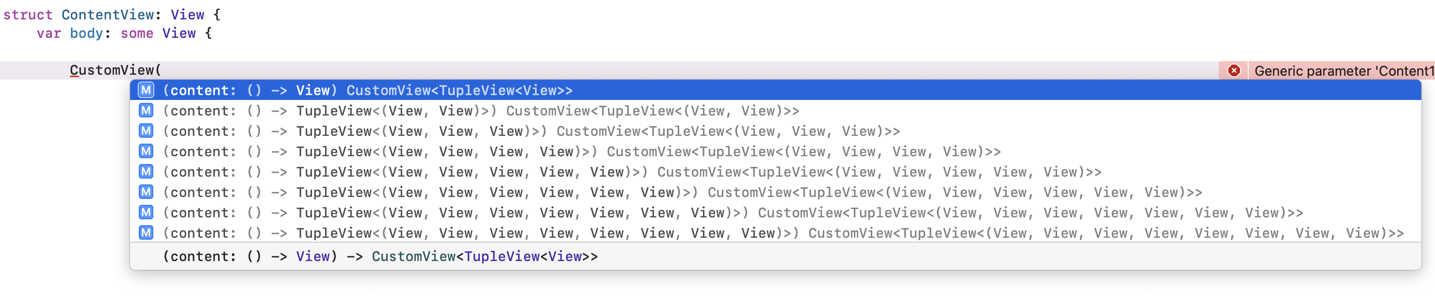使用 TupleView 解決語法問題,其中 Content == TupleView<(Content1)> 或 Content == Content1
