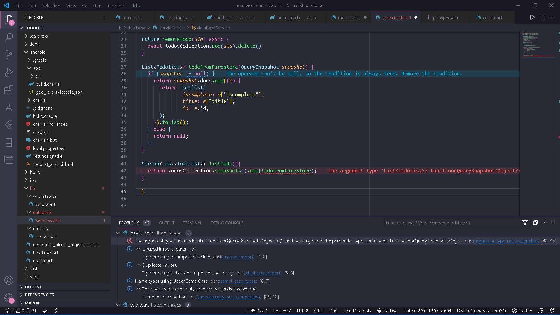 引數型別 'List<Todolist>? Function(QuerySnapshot<Object?>)' 不能分配給引數型別 'List<Todolist> Function(QuerySnapshot<Object?>)