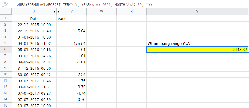 Google Sheet LARGE 公式錯誤“LARGE 沒有有效的輸入資料”
