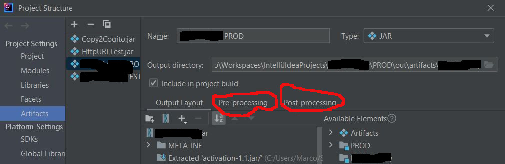 Intellij IDEA“專案結構->工件”:缺少預處理和后處理