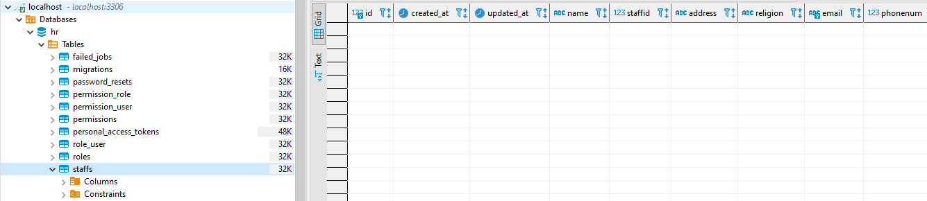 SQLSTATE[42S02]：未找到基表或視圖：1146 表 'hr.staff' 不存在
