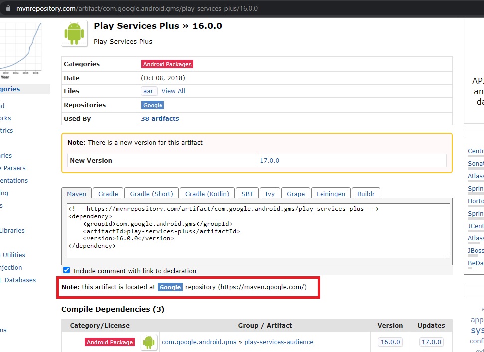 Maven API 搜索不檢索 Google 依賴項