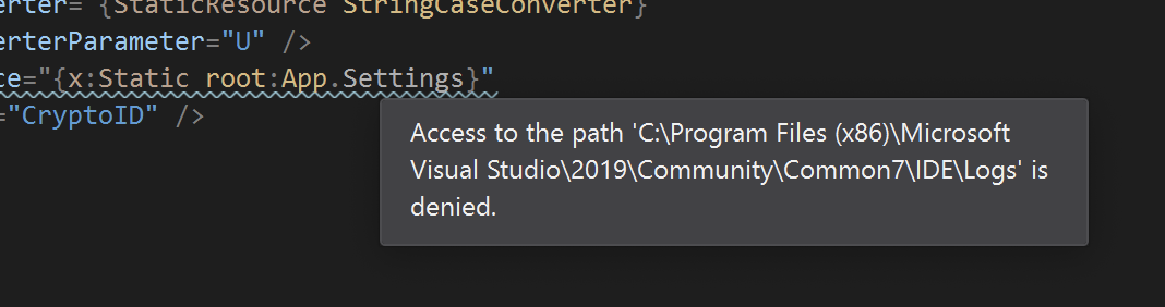 XAML 編輯器中的“訪問路徑 'C:\Program Files (x86)\Microsoft\Visual Studio\2019\Community\Common7\IDE\Logs' 被拒絕”