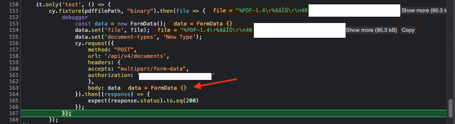 即使在 Cypress 中嘗試將 pdf 檔案作為多部分 FormData POST 請求發送時，FormData 物件也是空的