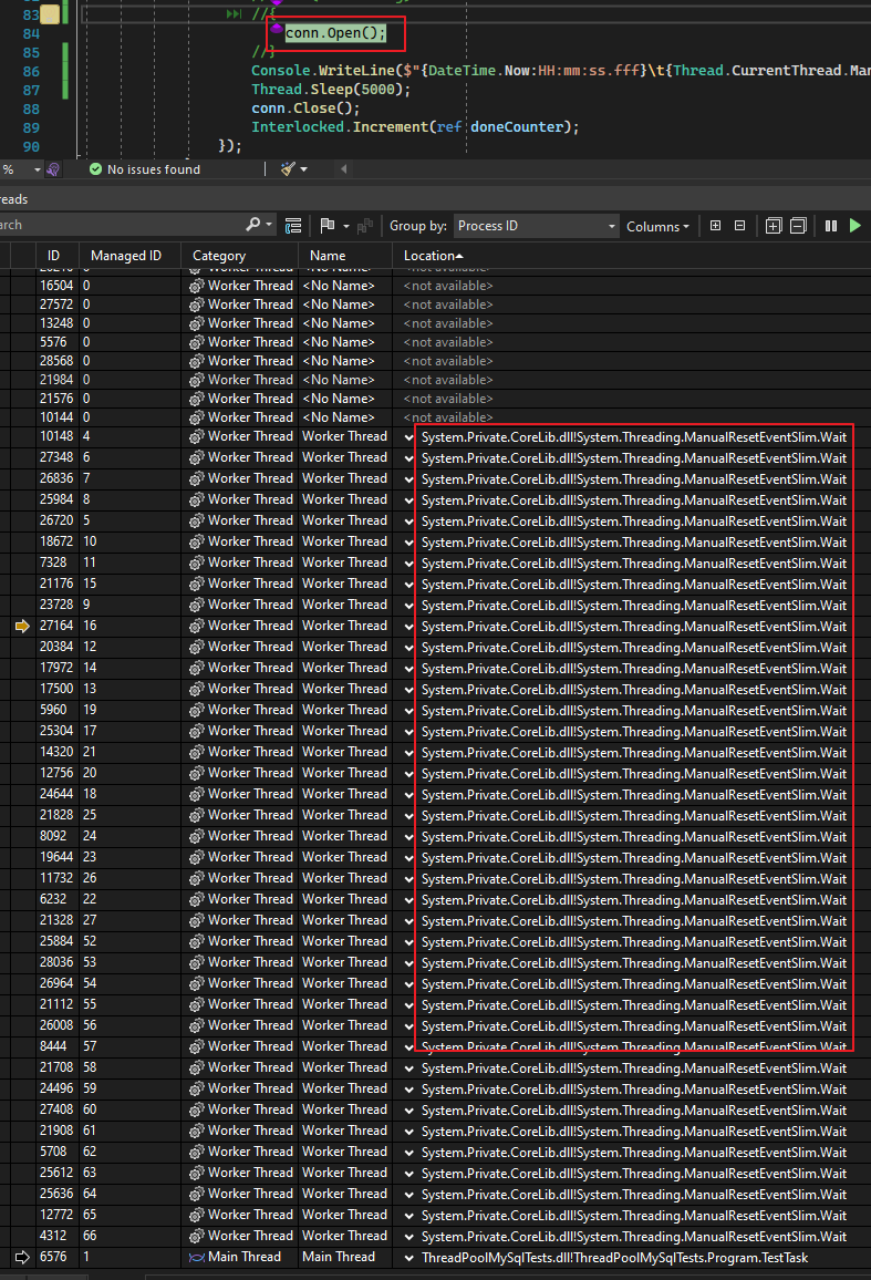 MySql.Data with 'new Thread' vs ThreadPool:使用 ThreadPool 會造成死鎖