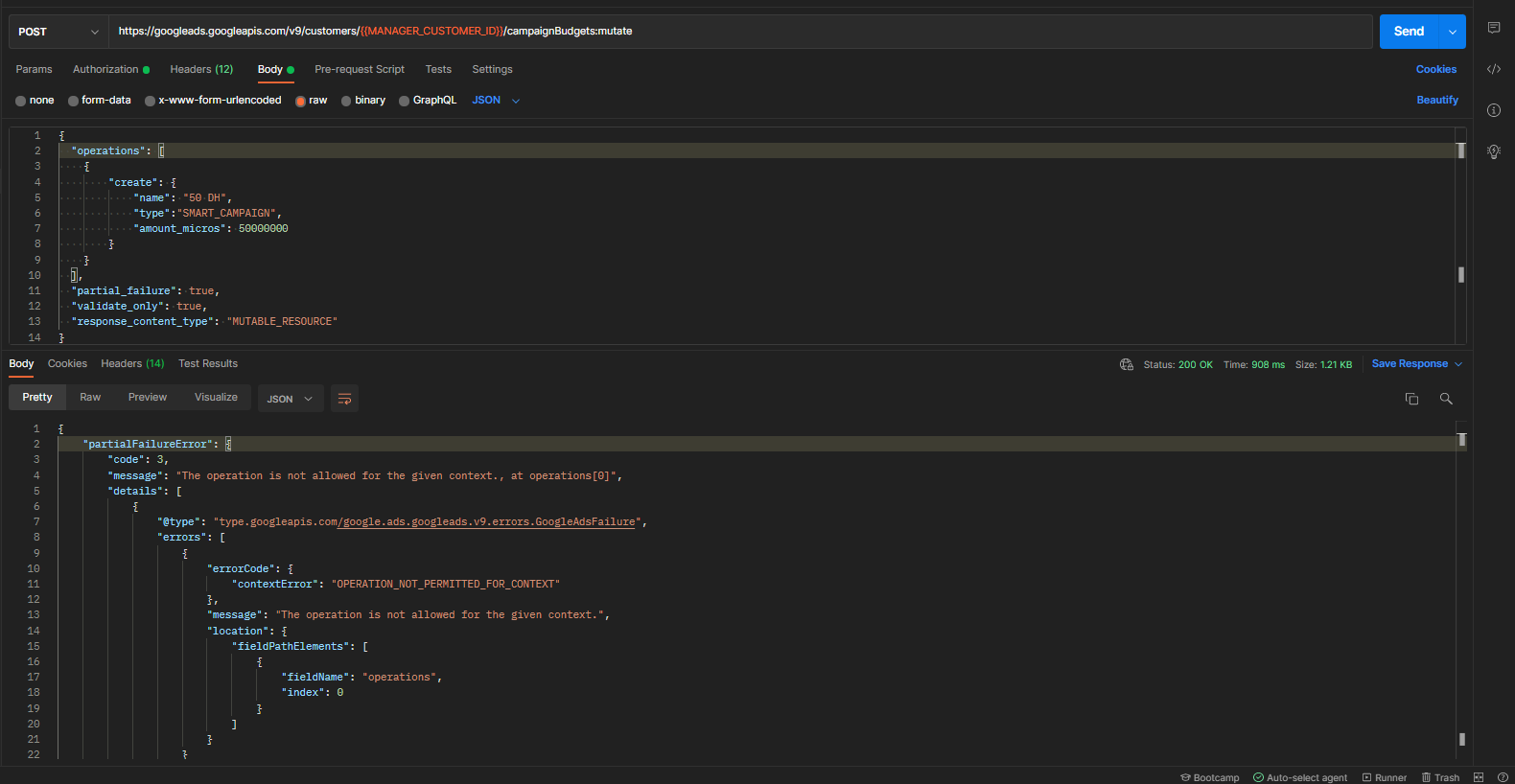 Google Ads REST API：在給定的背景關系中不允許該操作。，在操作 [0]