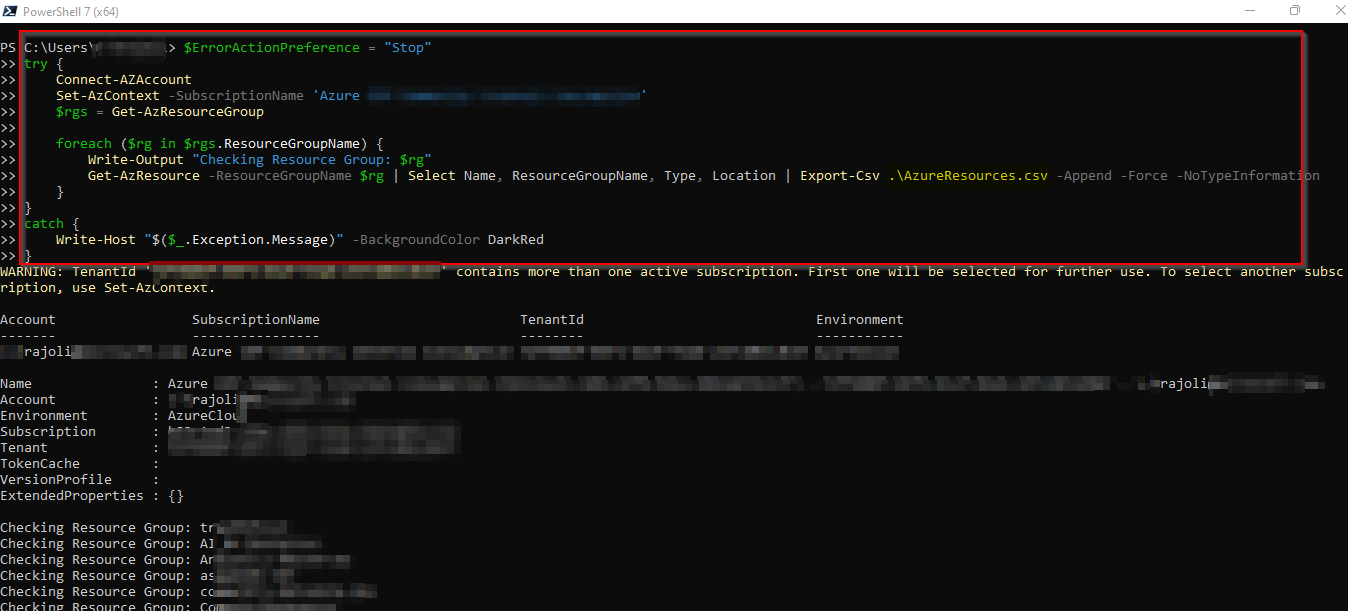 如何使用 powershell 獲取所有 Azure 訂閱和資源的串列（以特定格式）
