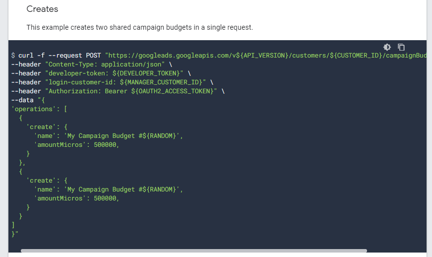 Google Ads REST API：在給定的背景關系中不允許該操作。，在操作 [0]