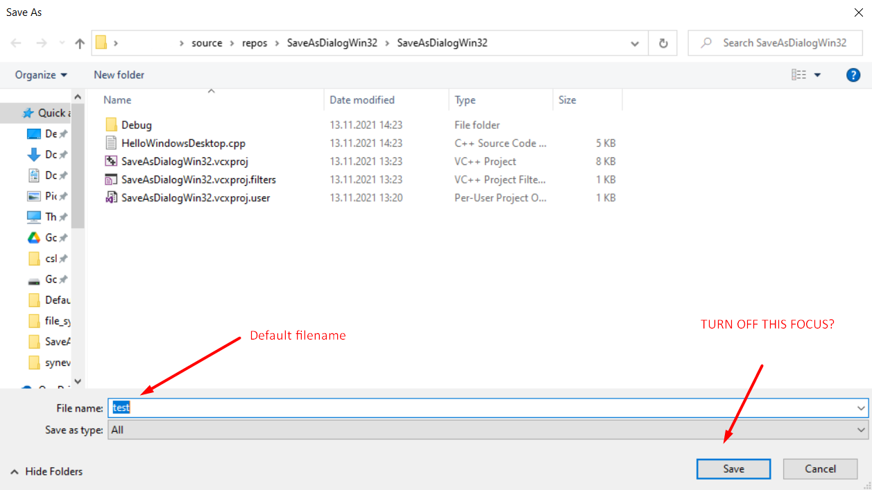 從 OPENFILENAME win32 中的 SAVE 按鈕移除焦點？