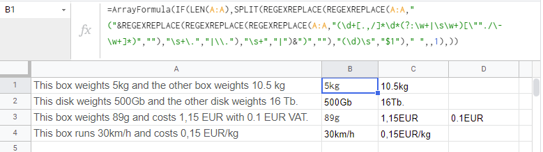 Google 表格 - 提取數字及其測量單位