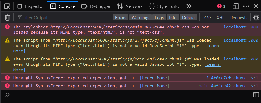 內容未加載，因為其 MIME 型別，“text/html”不是“text/css”