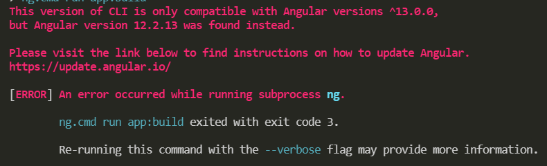 此版本的 CLI 僅與 Angular 版本 ^13.0.0 兼容，但找到了 Angular 版本 12.2.13