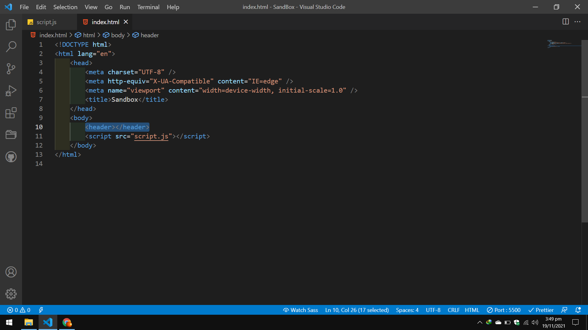 無法使用 JS 訪問我的 html 檔案中的“header”元素