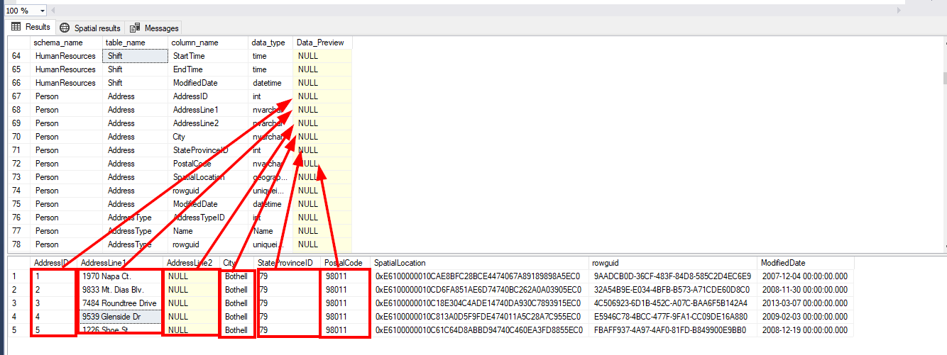 T-SQL :: 列出所有表、列和資料透視內容