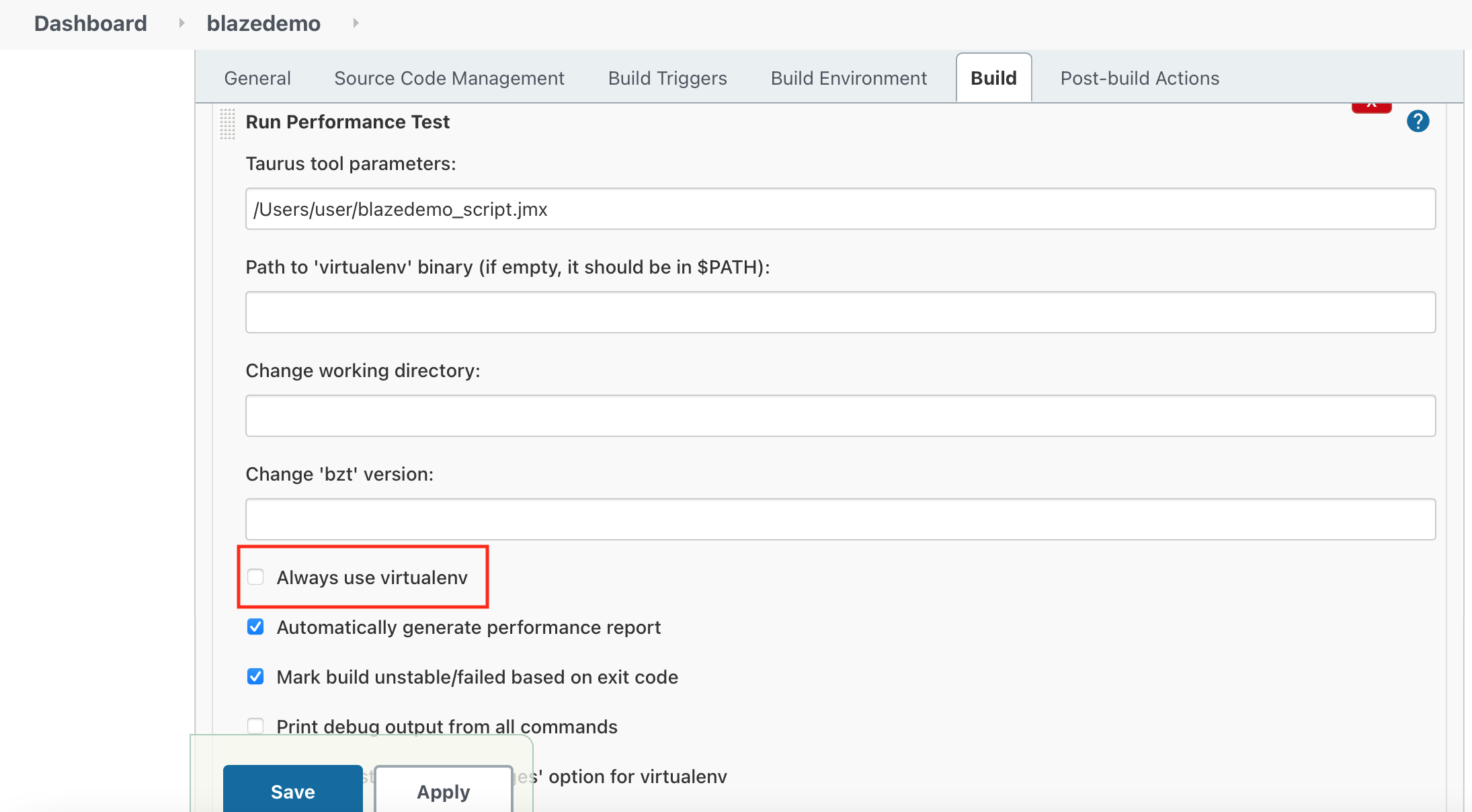 詹金斯：無法運行程式“/Users/user/.jenkins/workspace/jenkinsjob/taurus-venv/bin/bzt error=2