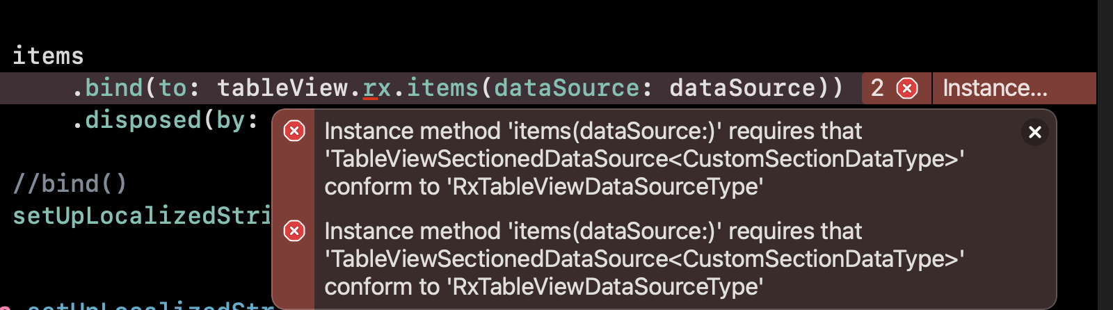 RXSwift 在系結資料時一直警告我 tableView.rx.items(dataSource) 不符合 RxTableViewDataSourceType
