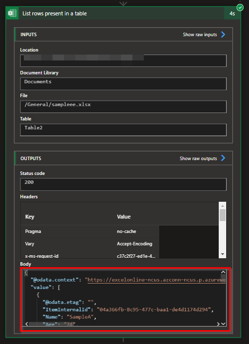 在 Logic App 中從 Excel 作業表中讀取行