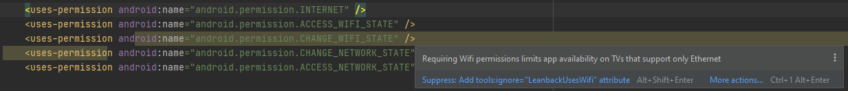 Android Studio 中的“需要 Wifi 權限限制了僅支持以太網的電視上的應用程式可用性”警告 - 對此有什么辦法嗎?