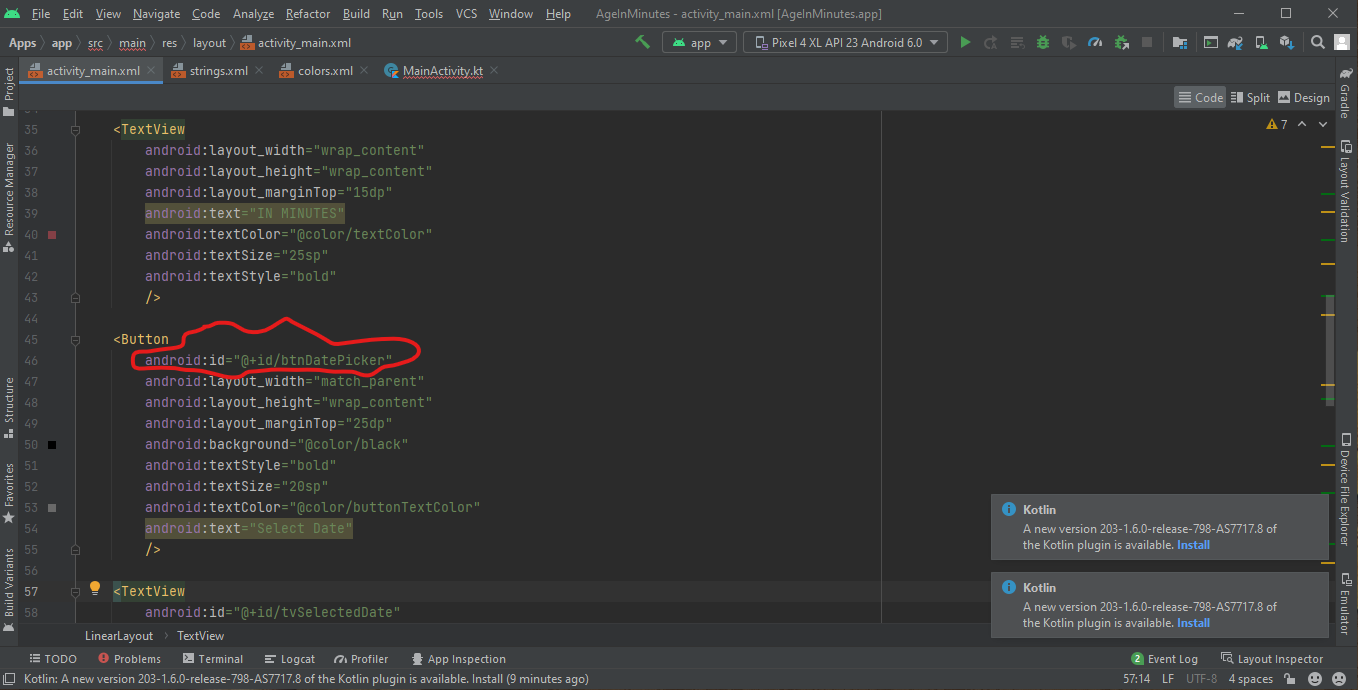 Android Studio MainActivity.kt 無法在 main_activity.xml 中參考 id