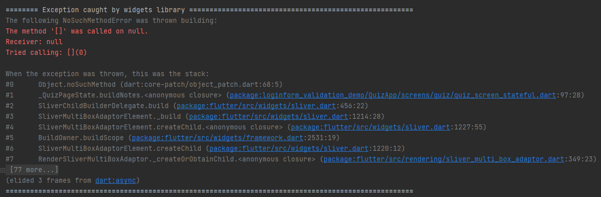 運行時拋出 NoSuchMethodError。方法 '[]' 在 null 上被呼叫。接收器：空。嘗試呼叫：[](0)。如何解決這個錯誤？