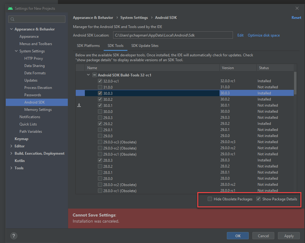 Ionic Cordova Android：找不到可用的 Android 構建工具。30.x 安裝的最高版本是 30.0.2；所需的最低版本為 30.0.3