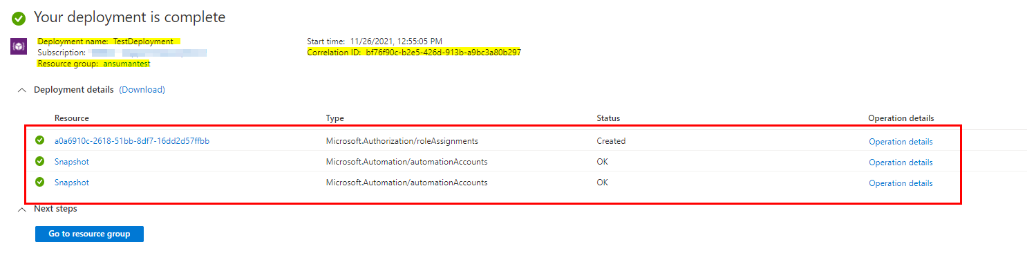 Azure 自動化帳戶的二頭肌模板。Azure 角色分配到托管標識問題