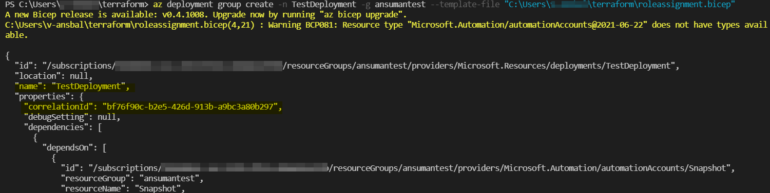 Azure 自動化帳戶的二頭肌模板。Azure 角色分配到托管標識問題