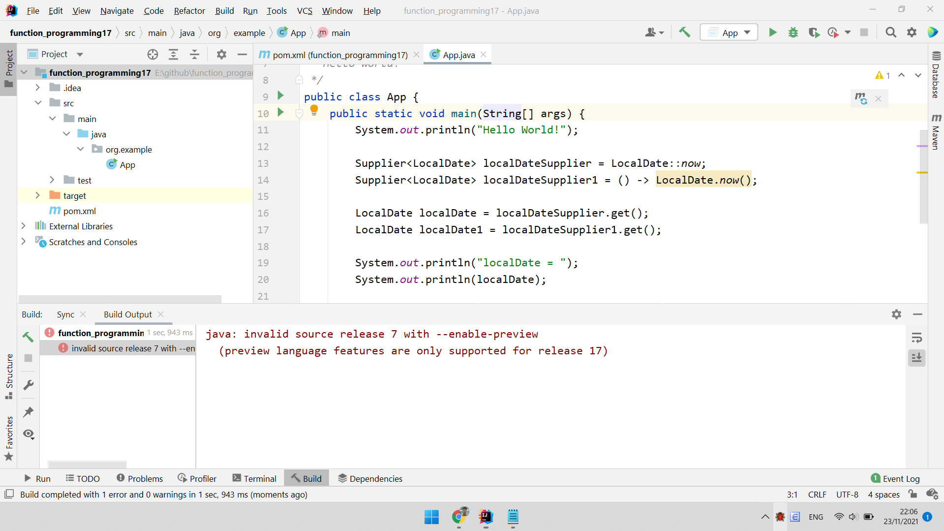 Java 17:java:帶有 --enable-preview 的無效源版本 7(僅版本 17 支持預覽語言功能)