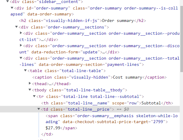 如何使用 Selenium 和 Python 提取小計價格