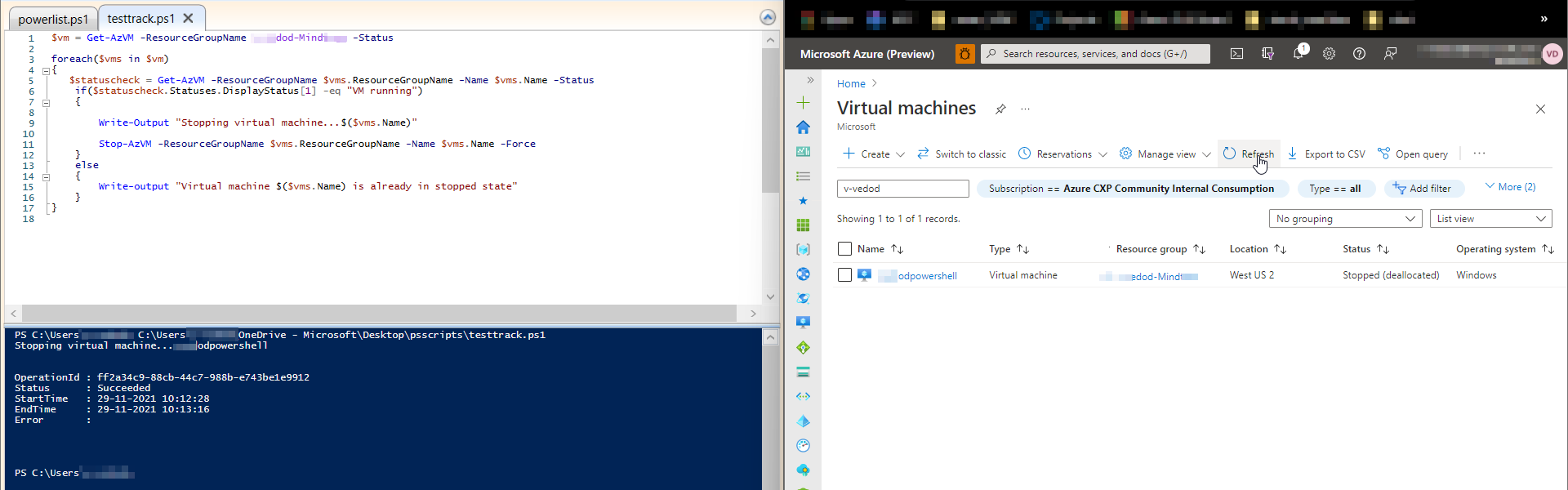 用于獲取正在運行的虛擬機串列并停止它們的 Powershell 腳本