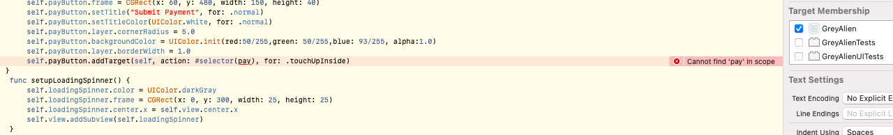 Xcode ViewController 顯示在范圍內找不到“支付”