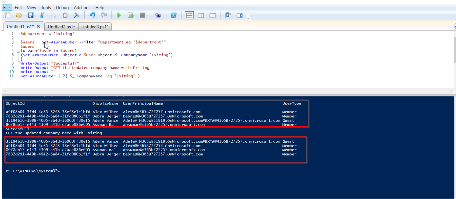 如何更改某個部門的用戶公司名稱 azure ad powershell