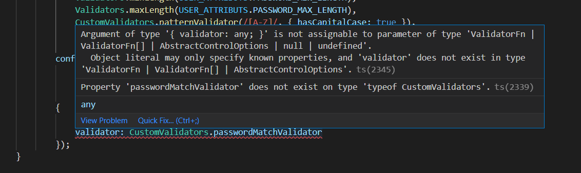 '{validator: any; 型別的引數 }' 不可分配給型別為 'ValidatorFn 的引數