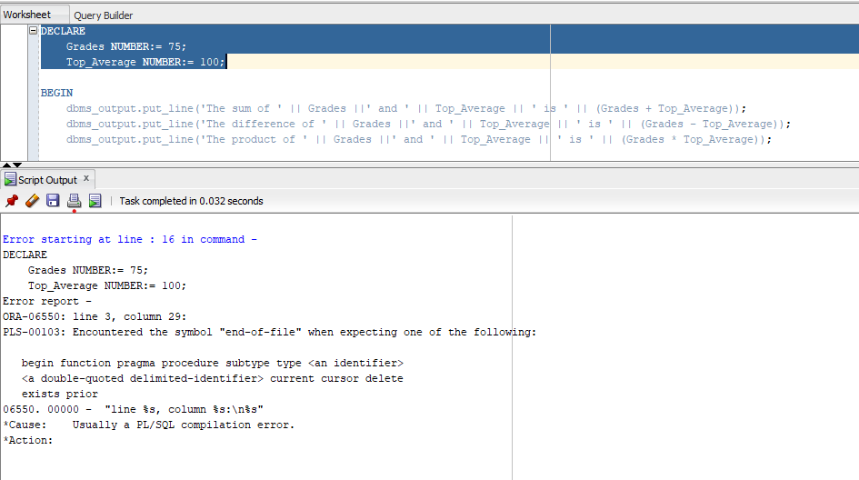 我正在嘗試結合 PL/SQL 和 SQL 命令來操作資料庫。我做對了嗎？任何幫助和更正？