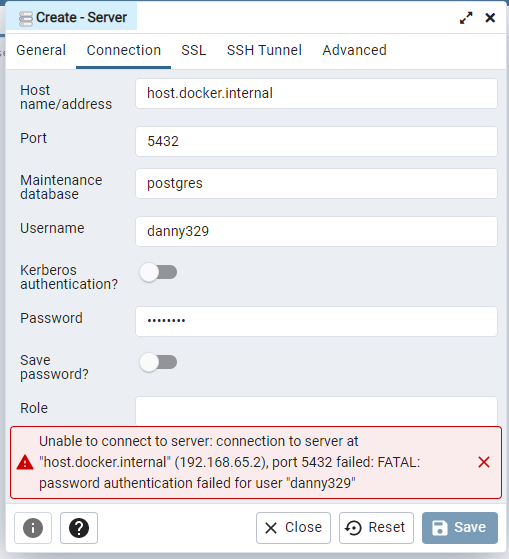 docker pgadmin 連接到 Postgres 失敗
