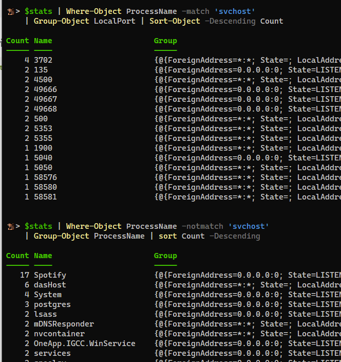 如何在本地地址中沒有 0 的情況下在 powershell 中顯示 netstat 命令？