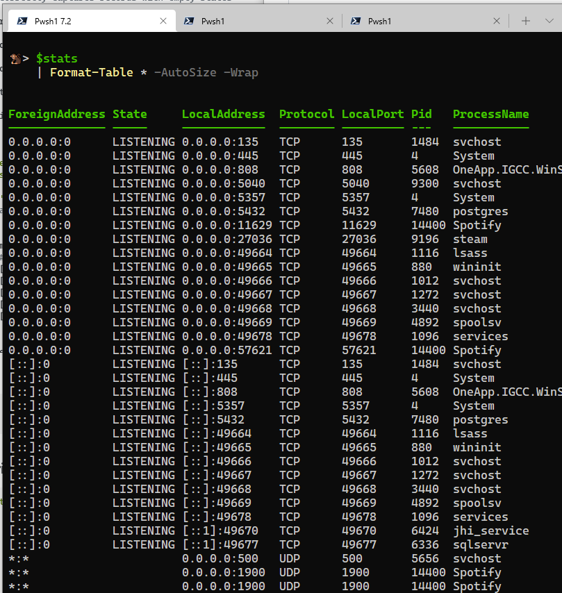 如何在本地地址中沒有 0 的情況下在 powershell 中顯示 netstat 命令？