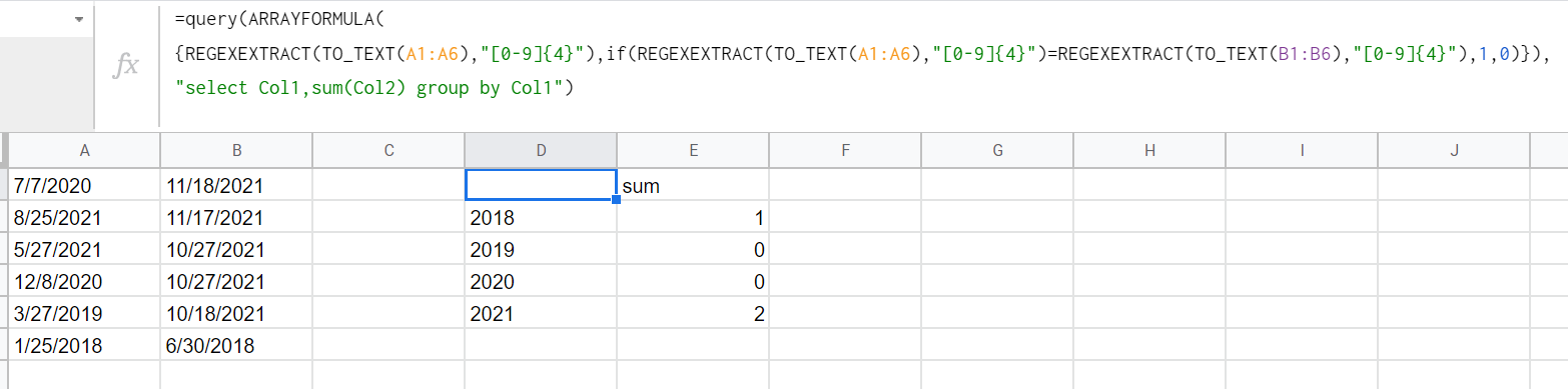 Google Sheets：按年份比較兩個日期，如果是同一年則計數