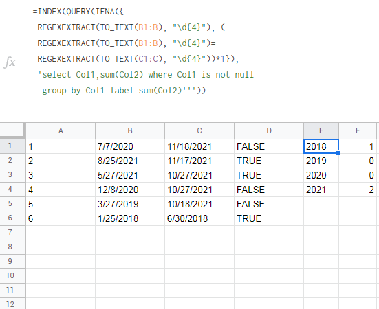 Google Sheets：按年份比較兩個日期，如果是同一年則計數