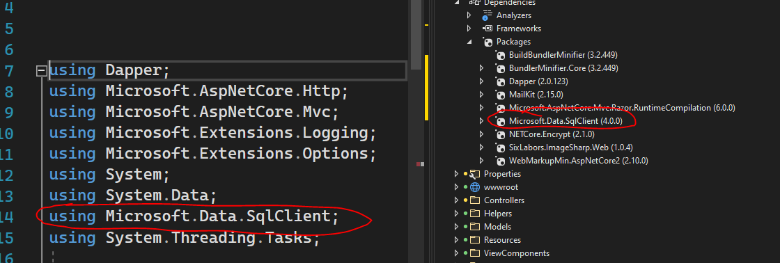 Microsoft.Data.SqlClient NuGet 在某些專案中是需要的,但在其他專案中您可以使用 Microsoft.Data.SqlClient 而不使用 NuGet