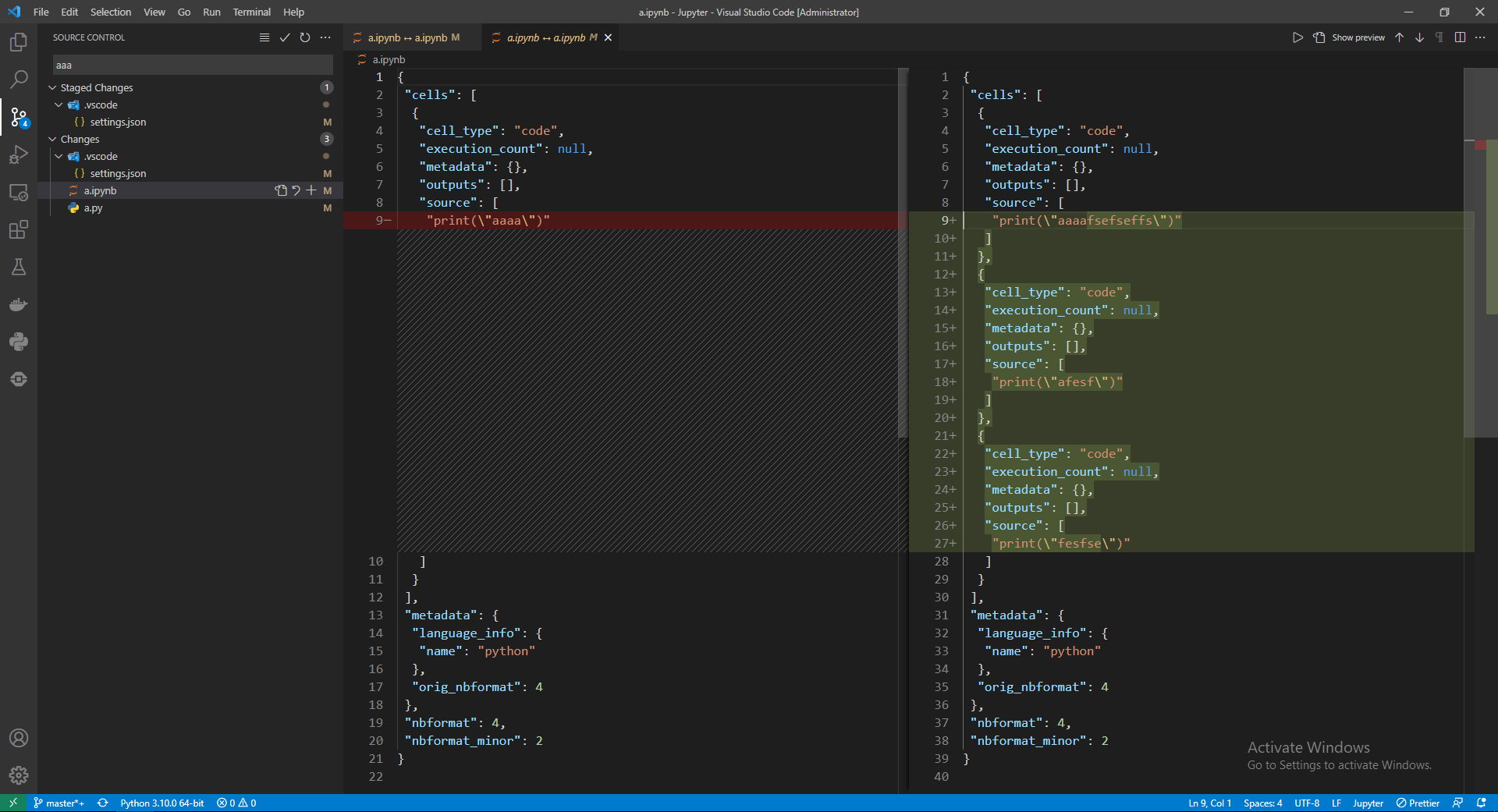 如何在 Visual Studio Code 中查看 Jupyter Notebook git diffs？