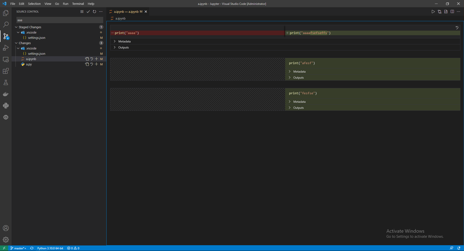 如何在 Visual Studio Code 中查看 Jupyter Notebook git diffs？