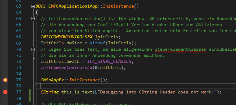 除錯到 MFC 標頭代碼不適用于 Visual Studio 2019