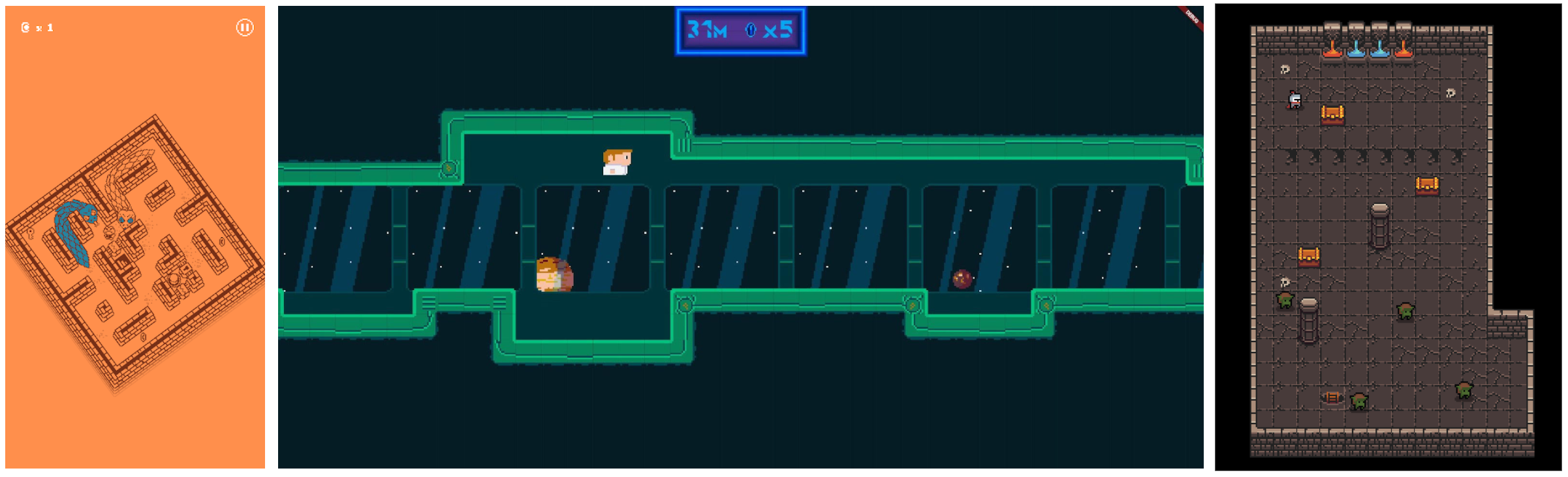 三款使用 Flame 構建的游戲示例：Tomb Toad、Gravity Runner 和 Bonfire