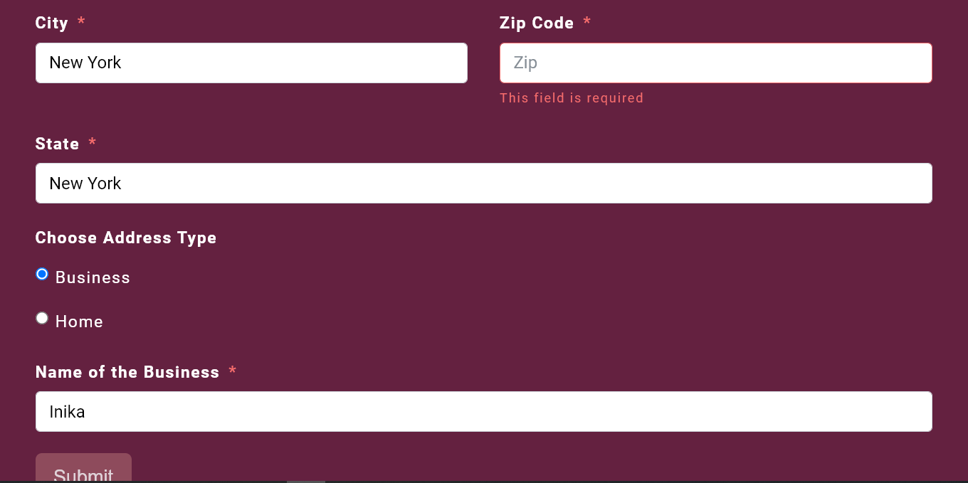 如果提交表單時出錯，如何驗證郵政編碼文本欄位并添加 HTML？