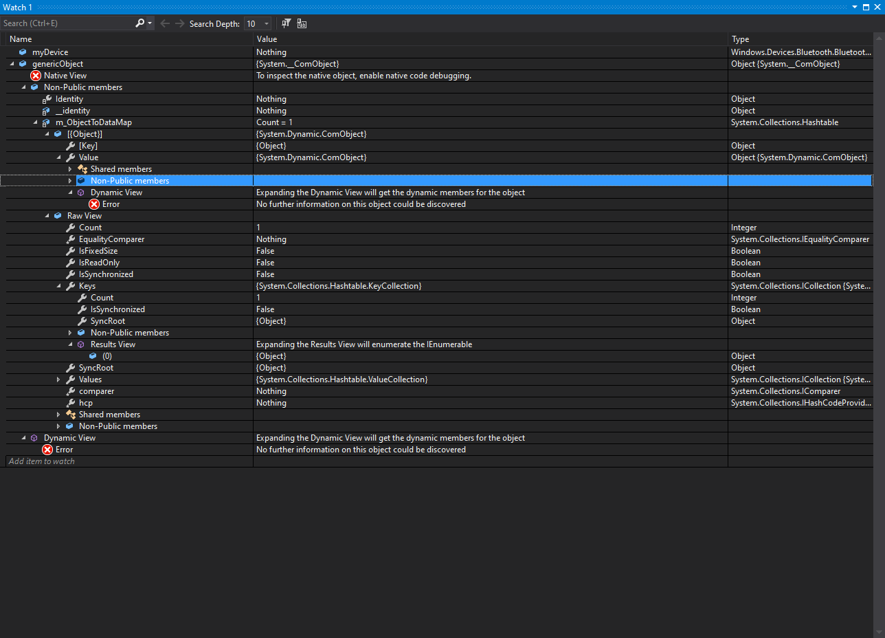 BluetoothLEDevice.FromIdAsync 回傳 Uncastable __ComObject