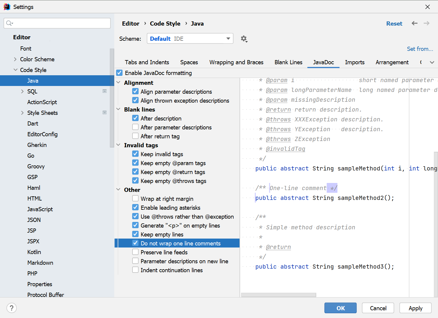 IntelliJ：如何保持簡短的一行 JavaDoc 多行？