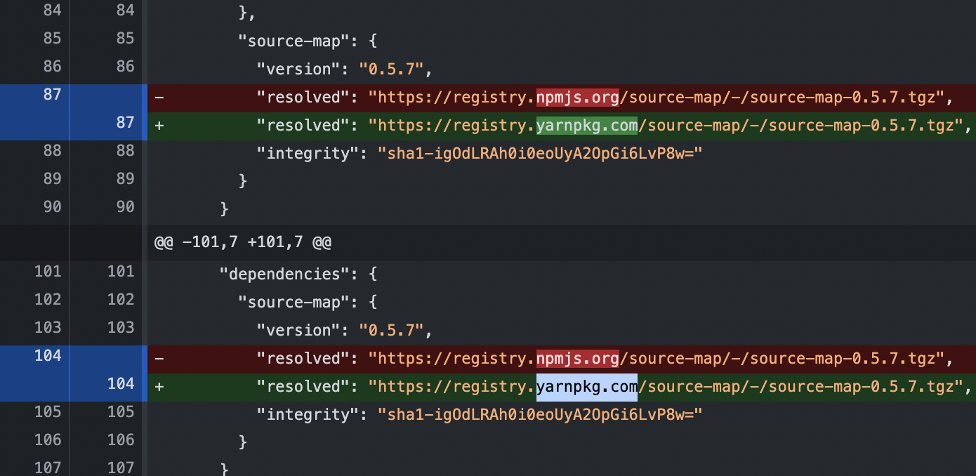 npm install 但在 package-lock 中,npmjs 更改為 yarnpkg